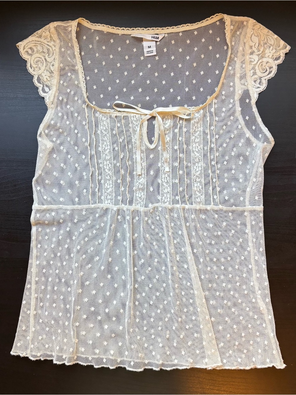 H&M Sheer Dot Mesh Lace Tie-Front Chemise Top - Cream, VTG